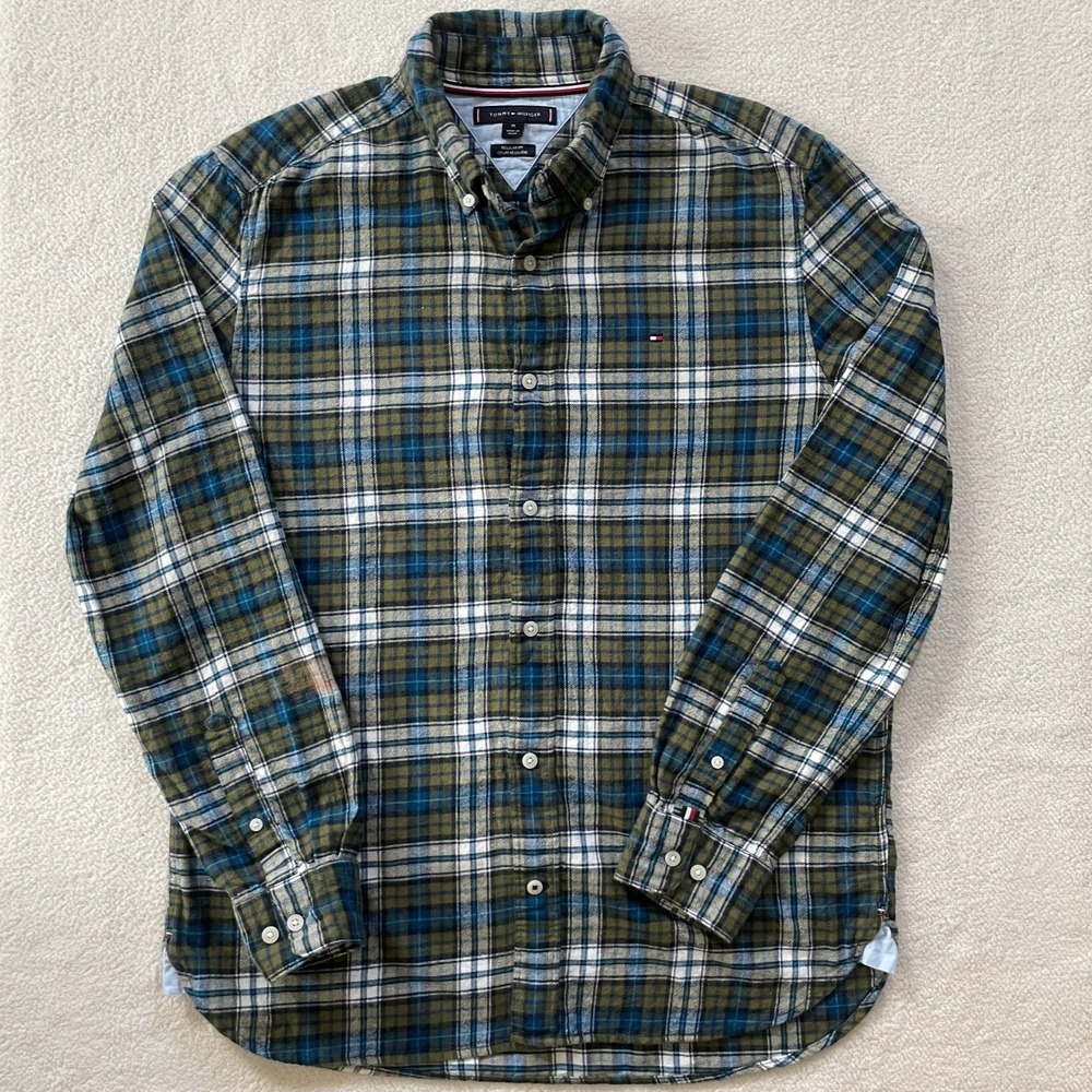 Grunge Thrashed Tommy Hilfiger Mens Flannel Shirt Med Green Blue Plaid Bleached